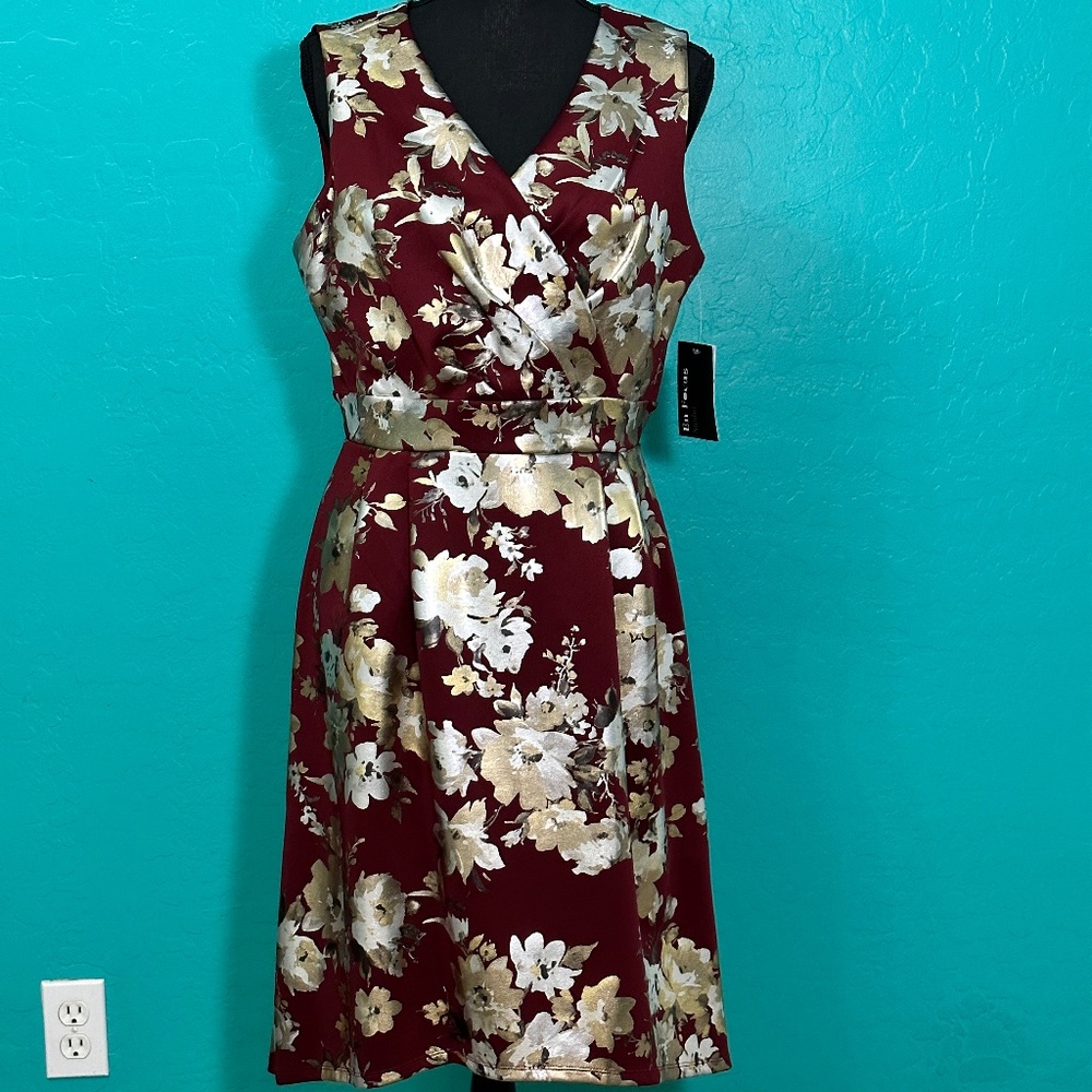 Enfocus Studio Floral Maroon Gold Wrap Sheath Dress